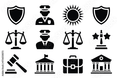 Collection of legal and justice icons representing law and order