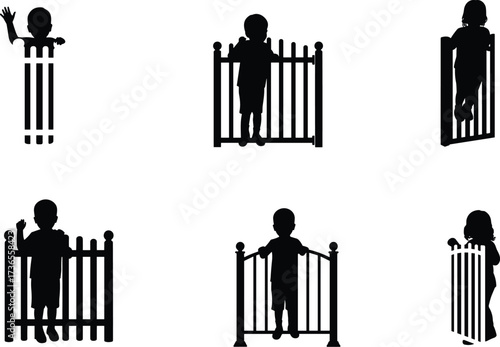 Silhouette children standing behind gates playful poses symbolic confinement safety innocence vector illustration design childhood expression creativity concept art