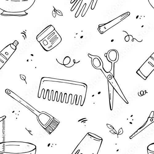 Seamless pattern with hairdressing tools, scissors, combs. Accessories for hairdressers in black color. Doodle vector illustration for textiles and design