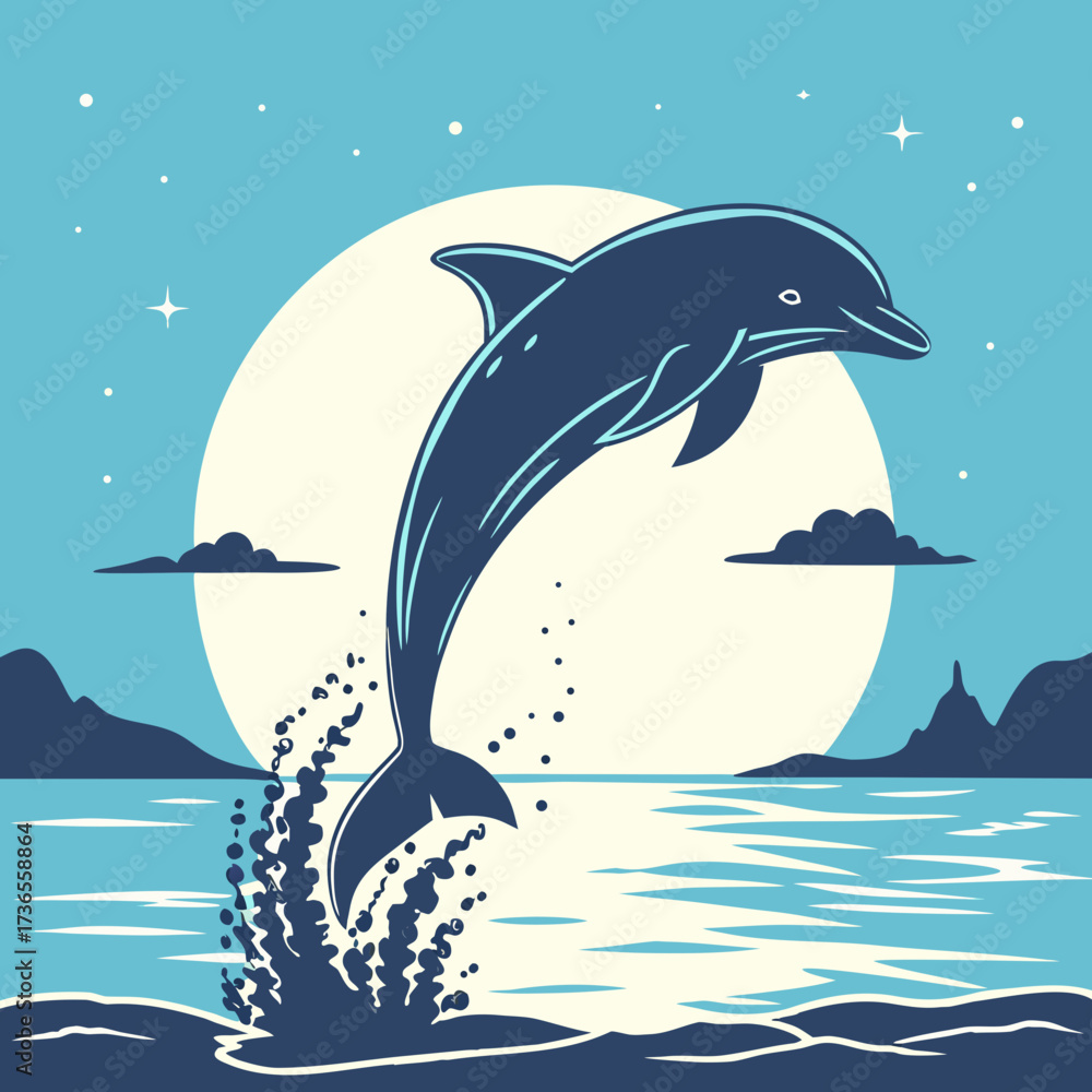 Obraz premium A dolphin leaps from the ocean against a backdrop of a full moon