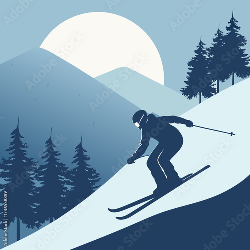 A skier descends a snowy mountain slope with pine trees and sun scenery