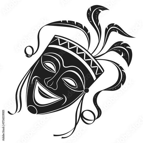 Black and white illustration of a theatrical mask