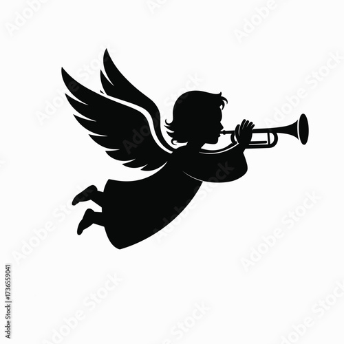 Silhouette of a Flying Angel Playing a Trumpet horn