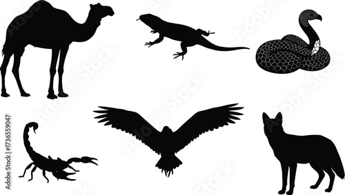 Silhouette desert and wildlife animals including camel, lizard, snake, scorpion, bird, and fox illustration for nature, fauna, and ecosystem design