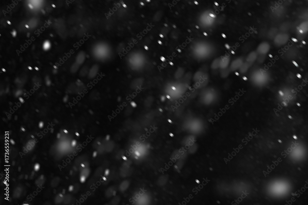 Fototapeta premium Snow overlay black background abstract texture, snowflakes falling in the sky. Layer to overlay and blend snowfall into your photo project. Snow on a black background. Use screen blending layer mode