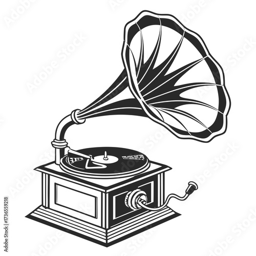 Illustration of a vintage gramophone in black and white