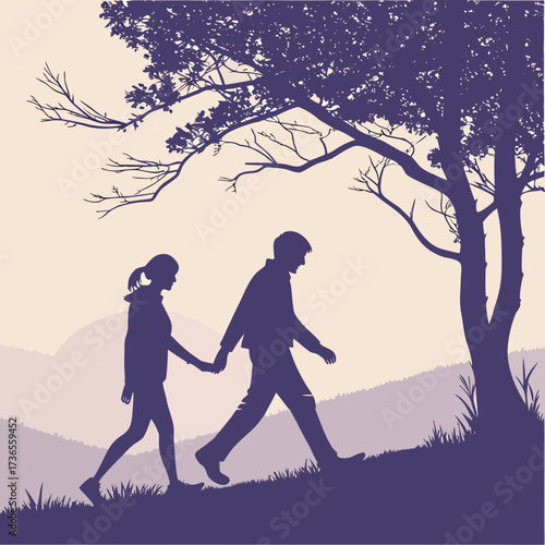 Silhouette of a couple walking hand in hand under the tree in the evening