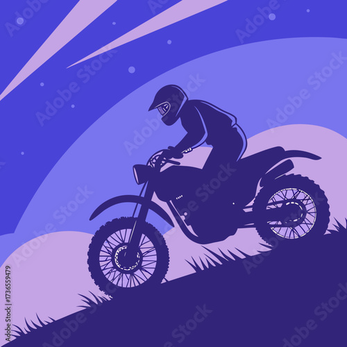 Silhouette of a motorcyclist riding on a hill at night under the moonlight