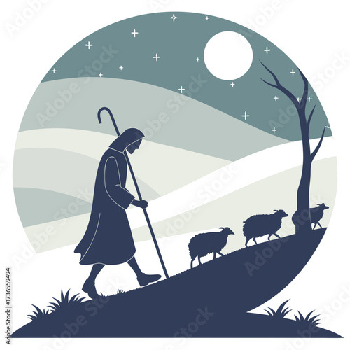 Silhouette of a shepherd with sheep under the moonlight in the night