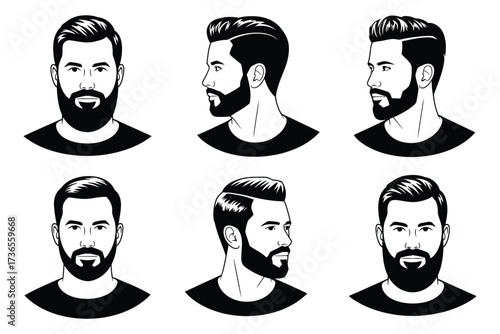 Stylish man with beard and modern haircut shown from multiple angles