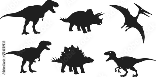 Silhouette dinosaurs including Tyrannosaurus rex, Stegosaurus, Pteranodon, and Velociraptor illustration for prehistoric wildlife, Jurassic era, fossil science, ancient reptile, and nature design