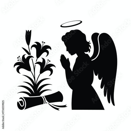 Silhouette of an Angel Praying Beside Lilies and a Scroll flowers