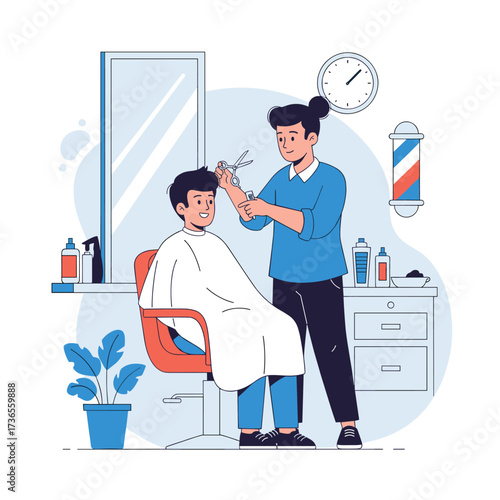 Barber cutting hair of a happy young boy in a salon with a mirror and plants.
