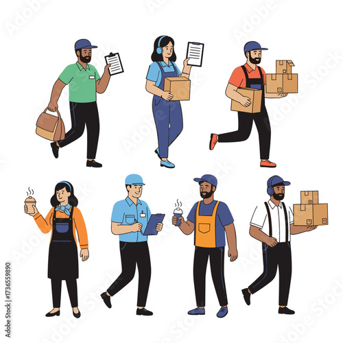 Diverse delivery and service workers engaged in various tasks and carrying items.