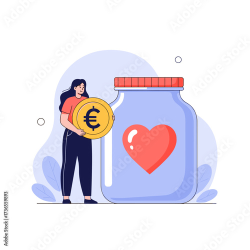 Person holding a euro coin near a donation jar with a heart symbol and a stylized plant in the background.