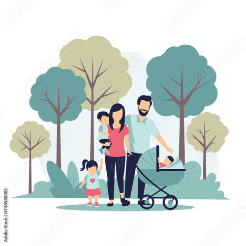 A modern illustration of a family enjoying a day out in the park with their children and a stroller.