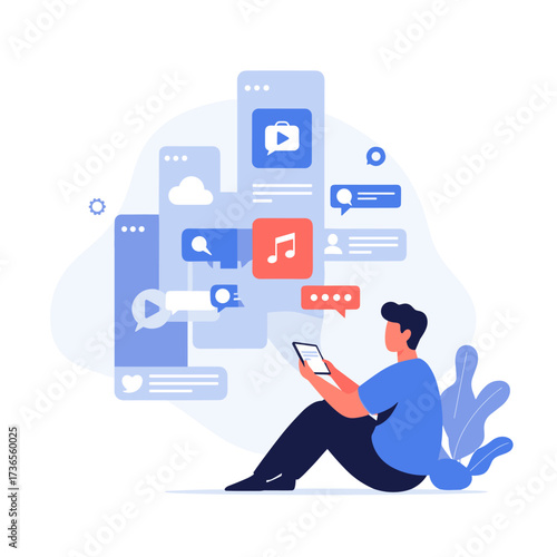 A person sitting on the floor interacting with a digital interface full of app icons and social media notifications.