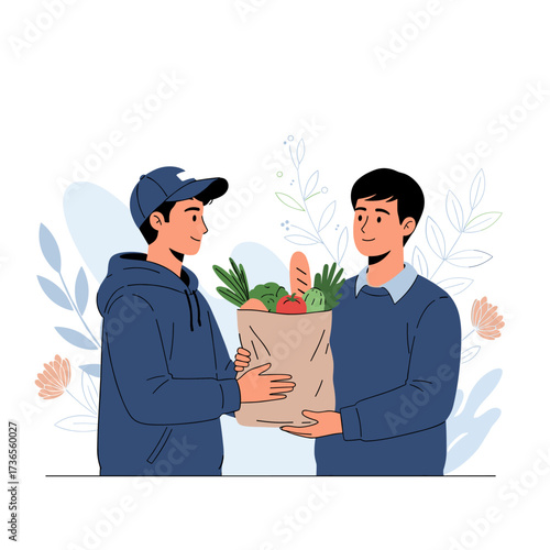 A friendly delivery person hands a grocery bag to a satisfied customer at their doorstep.