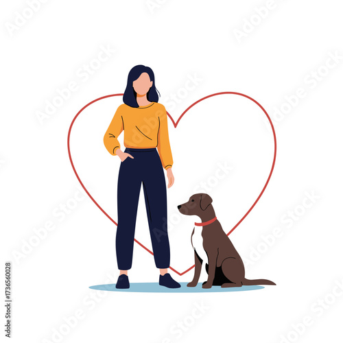 A woman and her beloved dog stand together behind a heart symbolizing their strong bond.