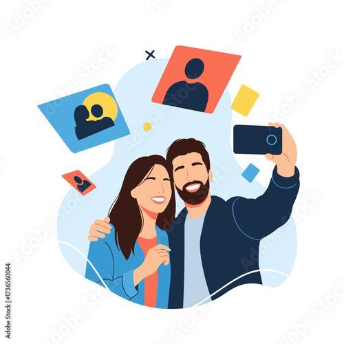 A happy couple takes a memorable selfie together surrounded by photos representing their shared experiences.