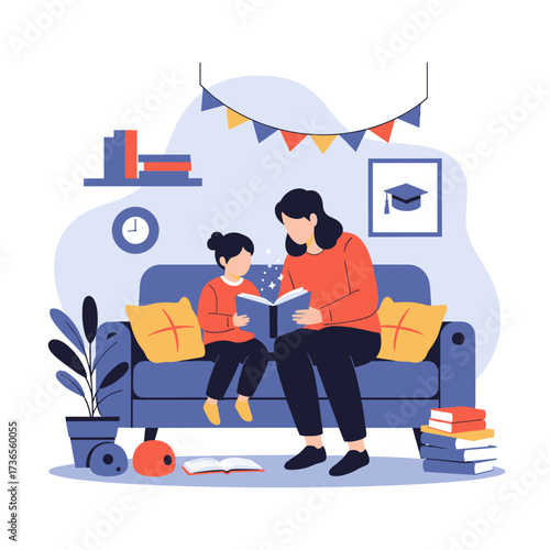 A mother and daughter enjoy a cozy afternoon reading together on the sofa.