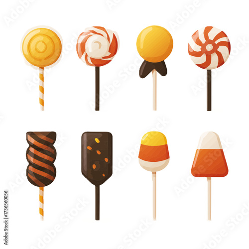 Flat vector Halloween candy set including lollipops, chocolates and candy corns. Minimal style isolated on white background