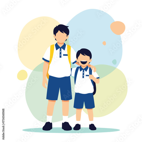 Two happy brothers are going to school carrying backpacks and wearing school uniforms.