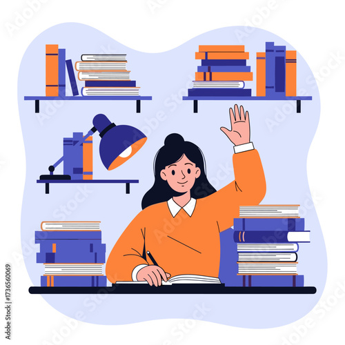 A young student sits at a desk in front of a pile of books and raises her hand.