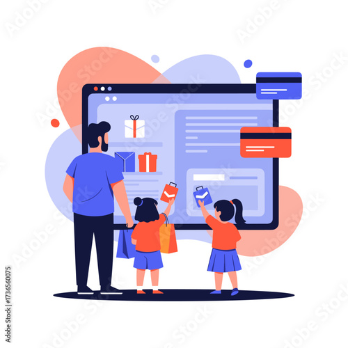 Family enjoying online shopping for gifts and products on a tablet device.