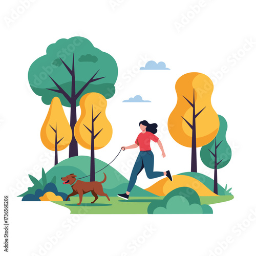 A woman enjoys a brisk walk with her dog in a vibrant park setting.