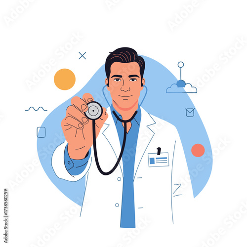 A dedicated male physician wearing a white lab coat and stethoscope offers medical care and diagnostic services to patients in need.