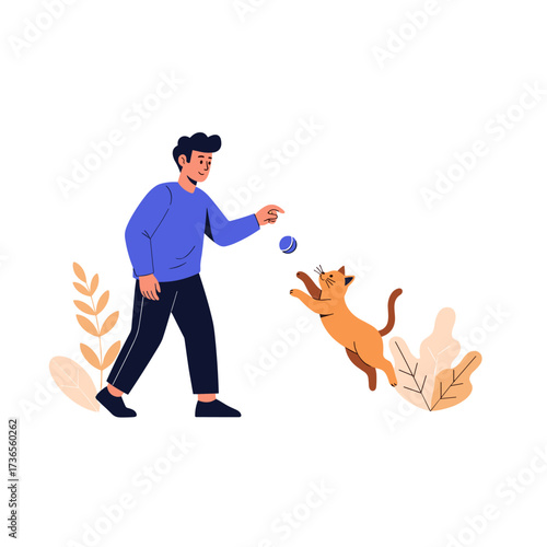 A playful person throws a ball for their energetic cat to catch in a lively outdoor setting.