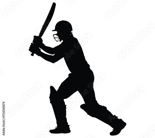 Silhouette of a cricket player in action, ready to hit the ball with intensity and focus.