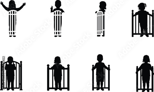 Silhouette children standing behind gates playful poses symbolic confinement safety innocence vector illustration design childhood expression creativity concept art