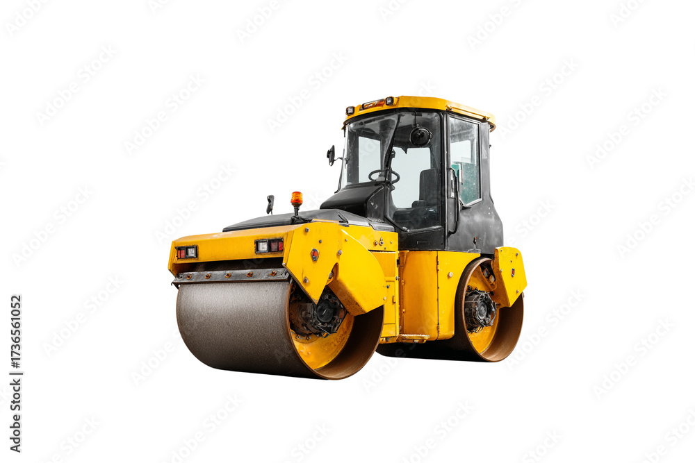 Fototapeta premium Yellow road roller construction vehicle isolated on transparent background