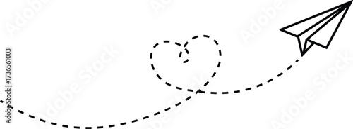 Paper airplane with dashed line love heart path flying route symbol for message travel or communication concept vector illustration.