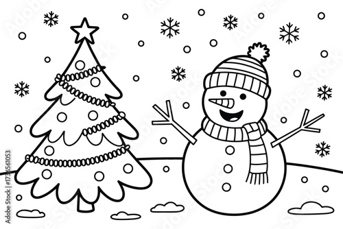 A cheerful snowman with a decorated Christmas tree celebrates a snowy winter day