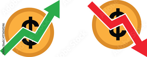Gold dollar coin with green arrow up for positive financial growth and red arrow down for negative economic decline vector illustration.