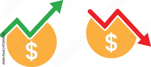 Dollar coin with green arrow up for business financial growth and red arrow down for economic decline or loss concept vector illustration.