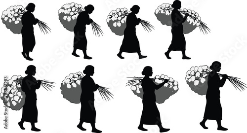 Silhouette farm workers carrying harvested crops bundles, traditional rural labor vector illustration showing agriculture, hard work, movement, culture, lifestyle, heritage