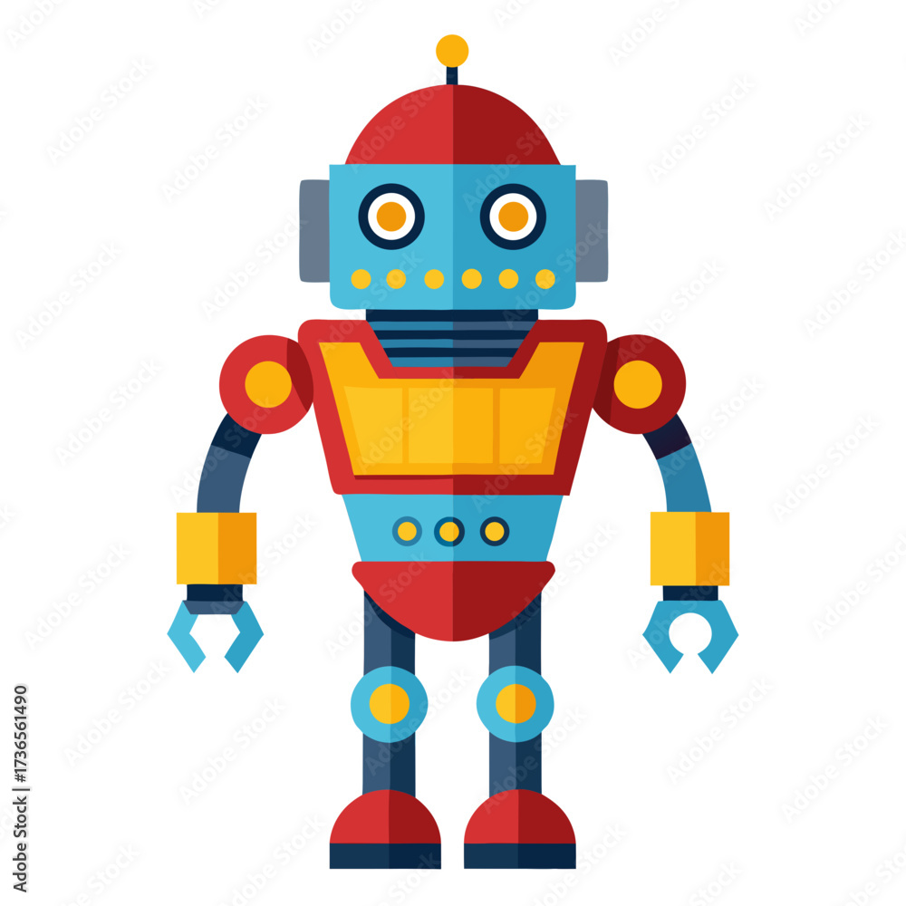 Fototapeta premium Charming retro robot character evokes nostalgic futuristic vibes, perfect for kids' education, toy branding, or tech innovation visuals, its bright colors and simple design convey playful ingenuity