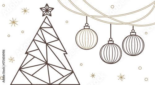 Christmas tree decorations with festive ornaments and baubles for holiday card design