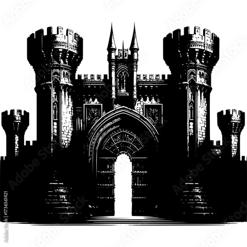 Enigmatic Fortress: A majestic, gothic castle stands silhouetted against the morning light. This intricate illustration showcases detailed architecture.