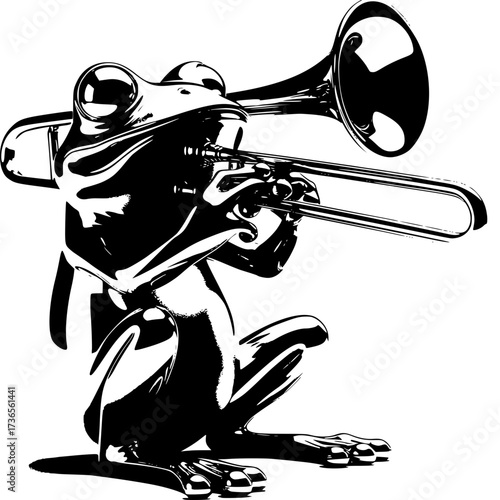 Jazz Frog Trombonist: A whimsical monochrome illustration of a frog with a shiny skin, immersed in playing the trombone. A smooth jazz solo in black and white.