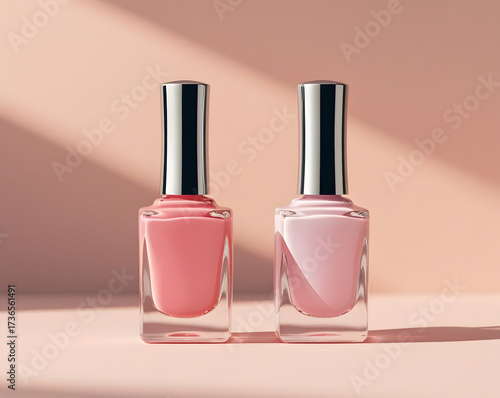pink nail polish bottle, duo of two colors for nails content, fashion and makeup
