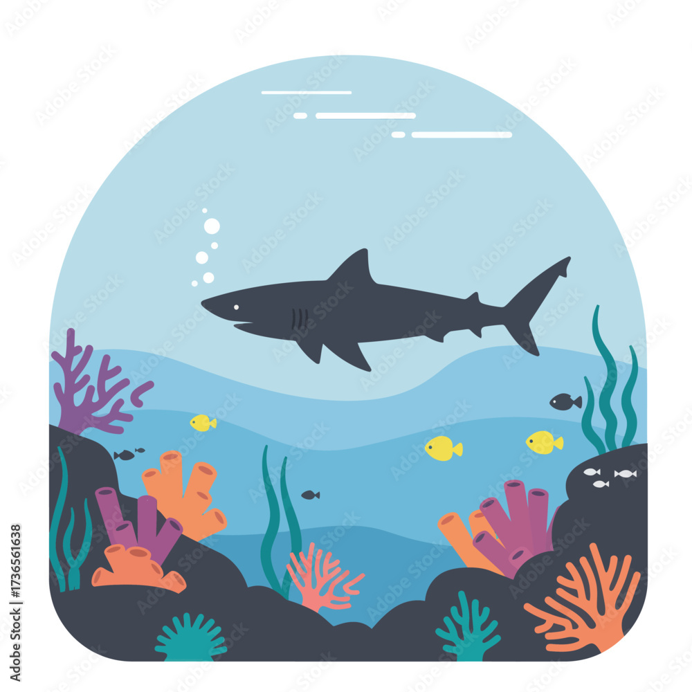 Obraz premium Dark Shark Silhouette Swimming Above Colorful Coral Reefs in Blue Ocean.