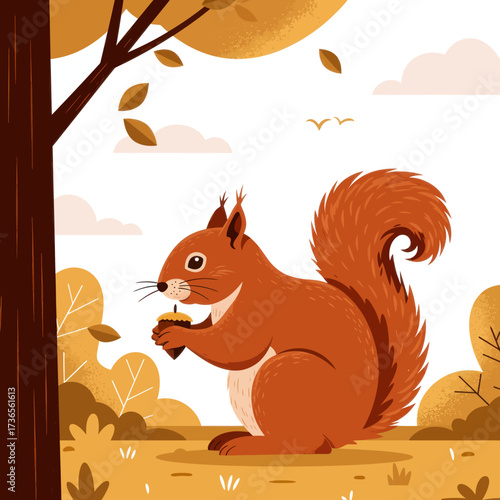 Charming reddish-brown cartoon squirrel with a fluffy, curled tail, holding a tiny acorn in its paws.