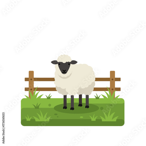 Cute cartoon sheep with a black face and fluffy white wool standing on green grass in front of a wooden fence.