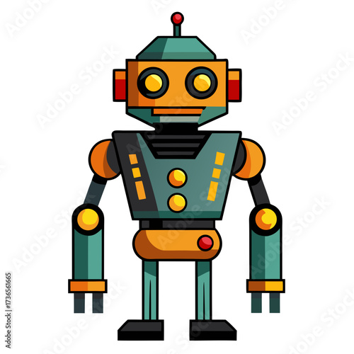 Whimsical cartoon robot character with retro charm and bold outlines, perfect for children's books or playful technology branding with a friendly, approachable design, futuristic toy