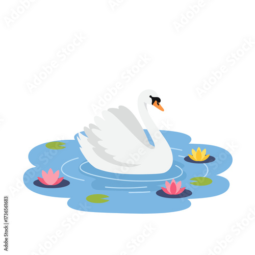 Elegant White Swan Gliding Gracefully on a Serene Lily Pond.